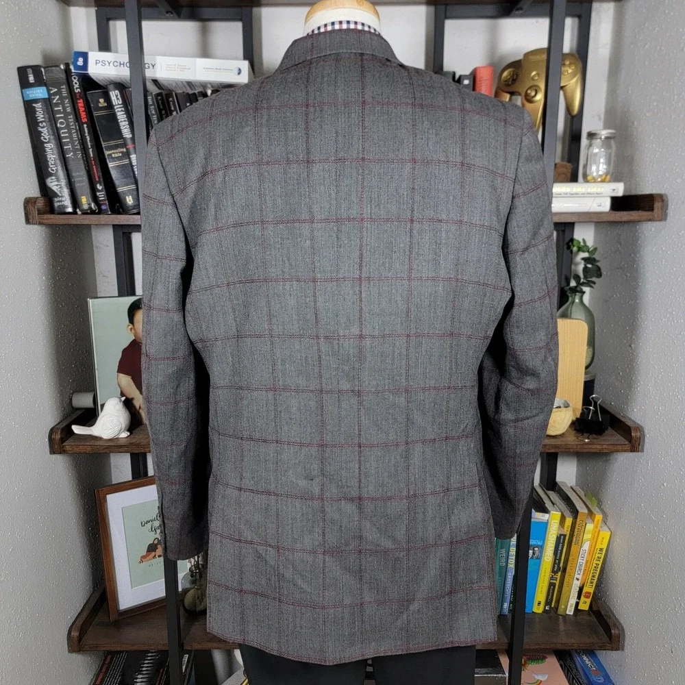 Tasso Elba Men's Sport Coat Gray Herringbone Plaid‎ Poly Wool Size Large 42-44